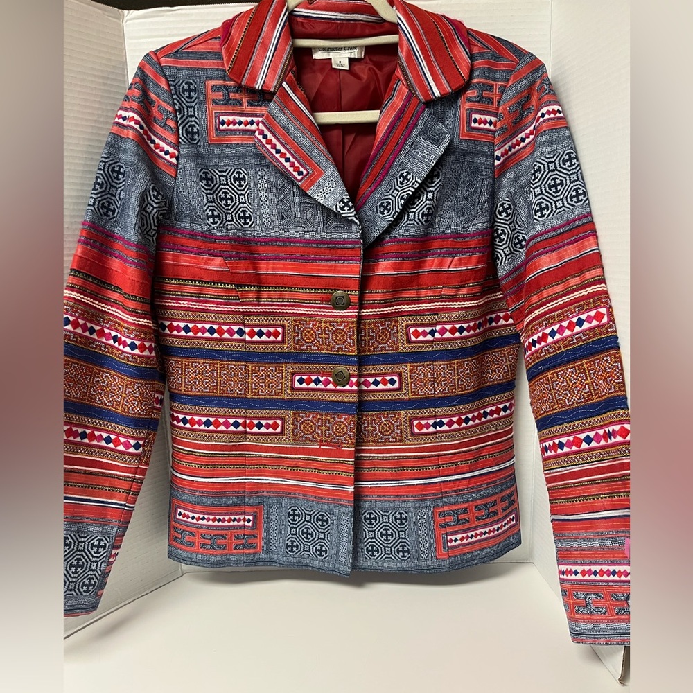 Southwestern Embroidered Blazer Red Textured Tribal Aztec Western Artsy Boho Sz6